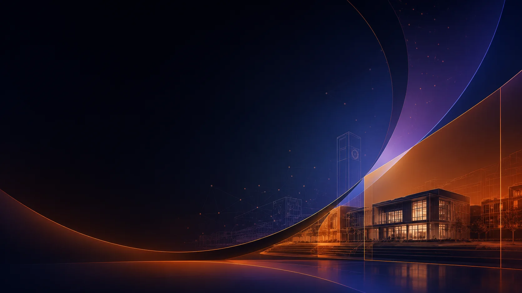 Abstract architectural campus form with orange and indigo infrastructure signal lines