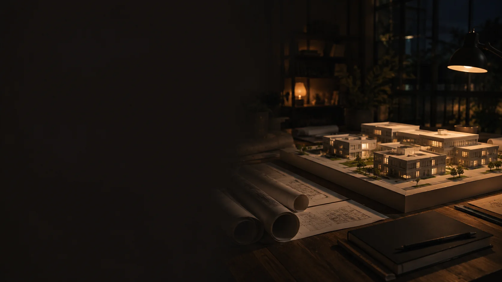 Architectural campus model on project drawings in a design studio