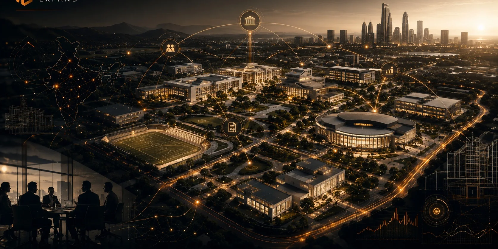 Connected education campus ecosystem with India network, institutional and business signal points