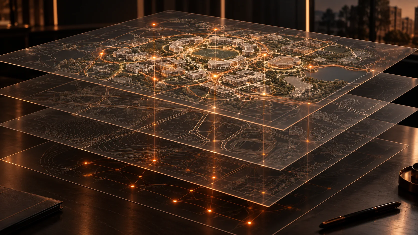 Layered education campus plans connected by infrastructure decision points