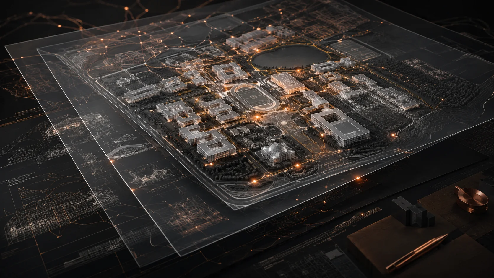 Premium architectural campus masterplan showing connected buildings and infrastructure systems