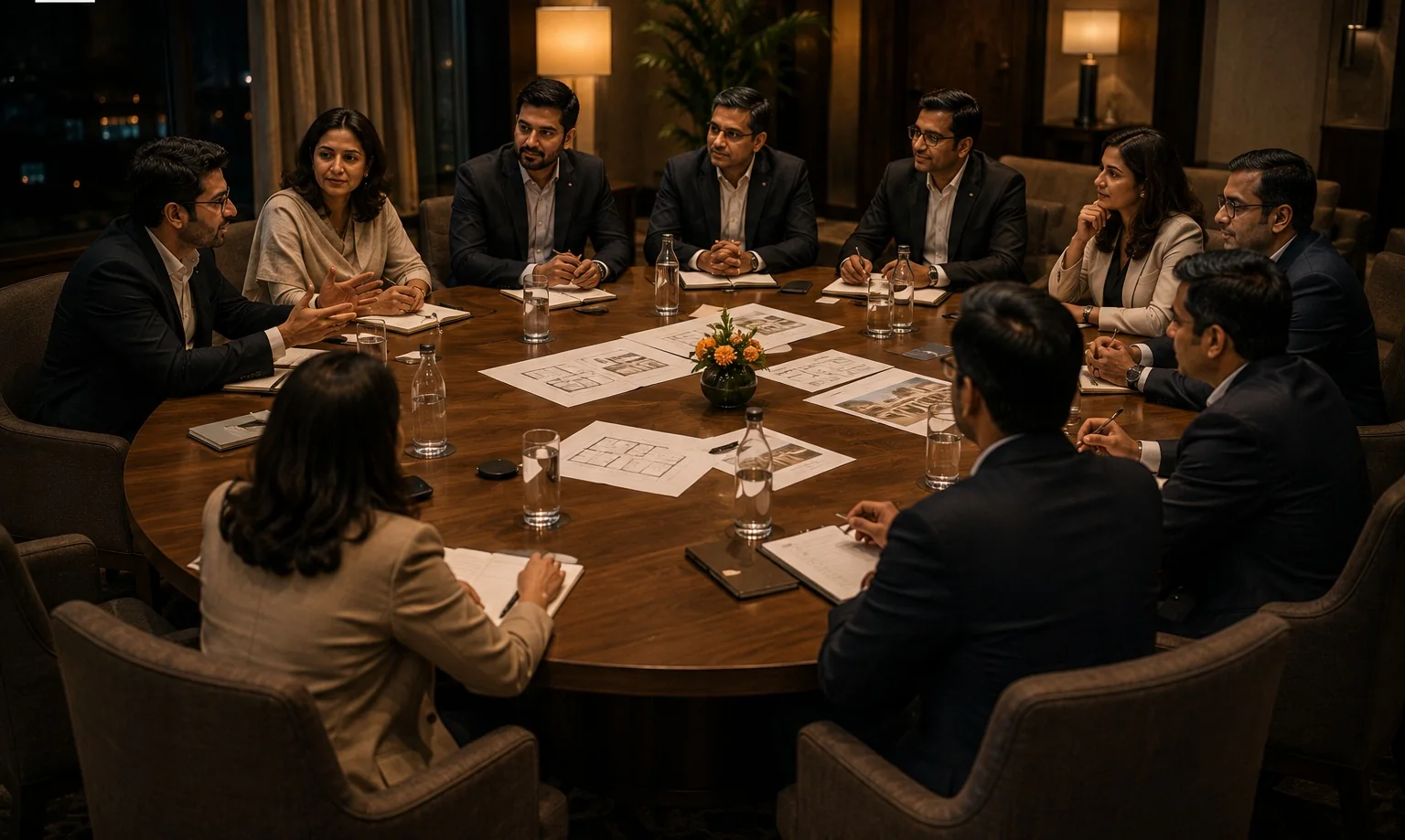 Senior stakeholders reviewing education infrastructure plans around a roundtable