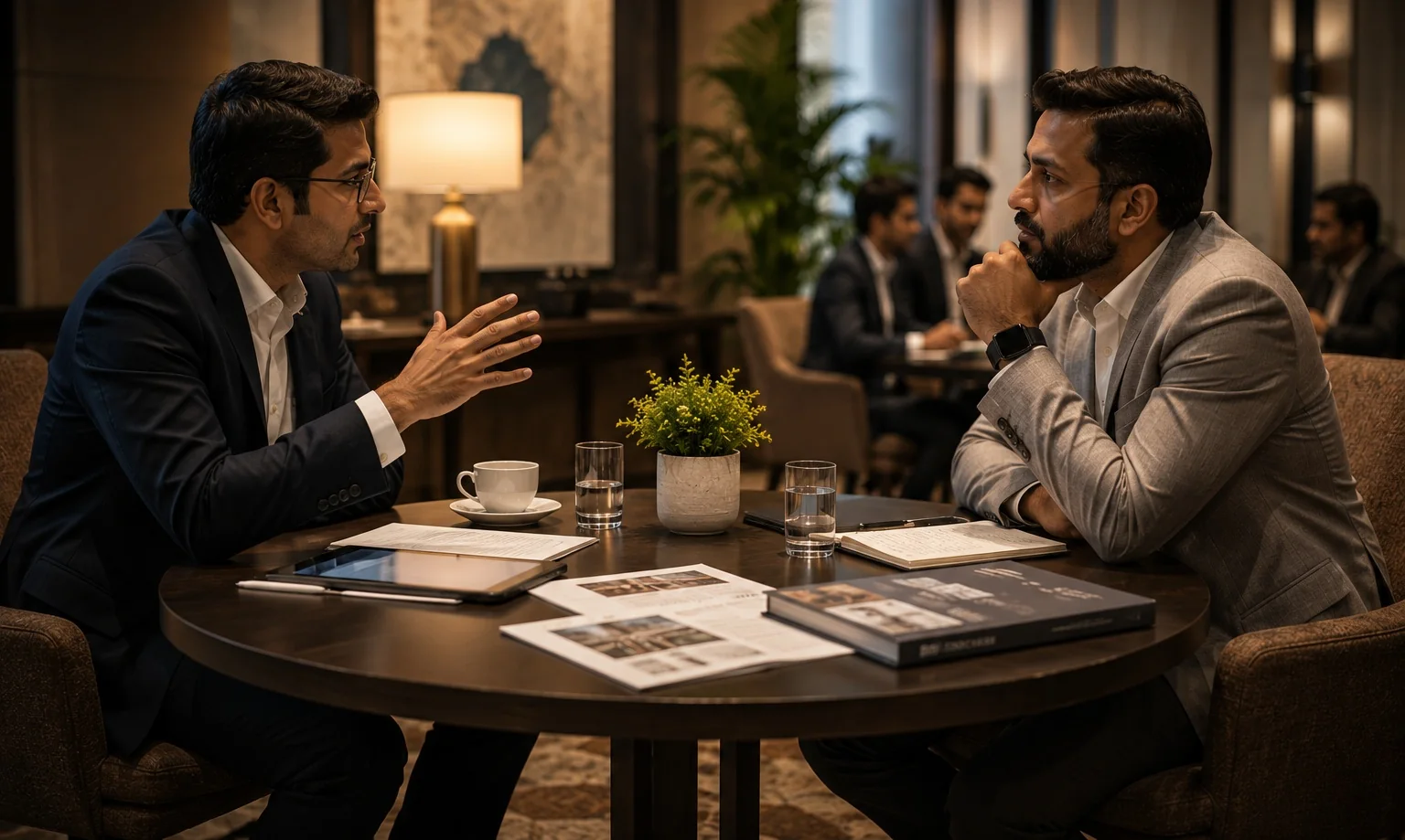 Two senior professionals in a focused one-to-one infrastructure discussion